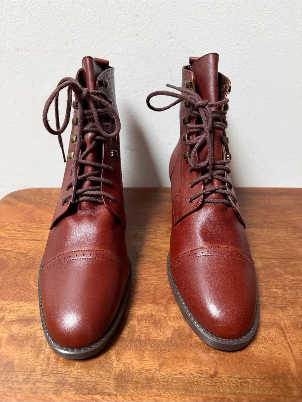 Women's Leather Lace-Up Cap-Toe Boots in Chestnut Brown